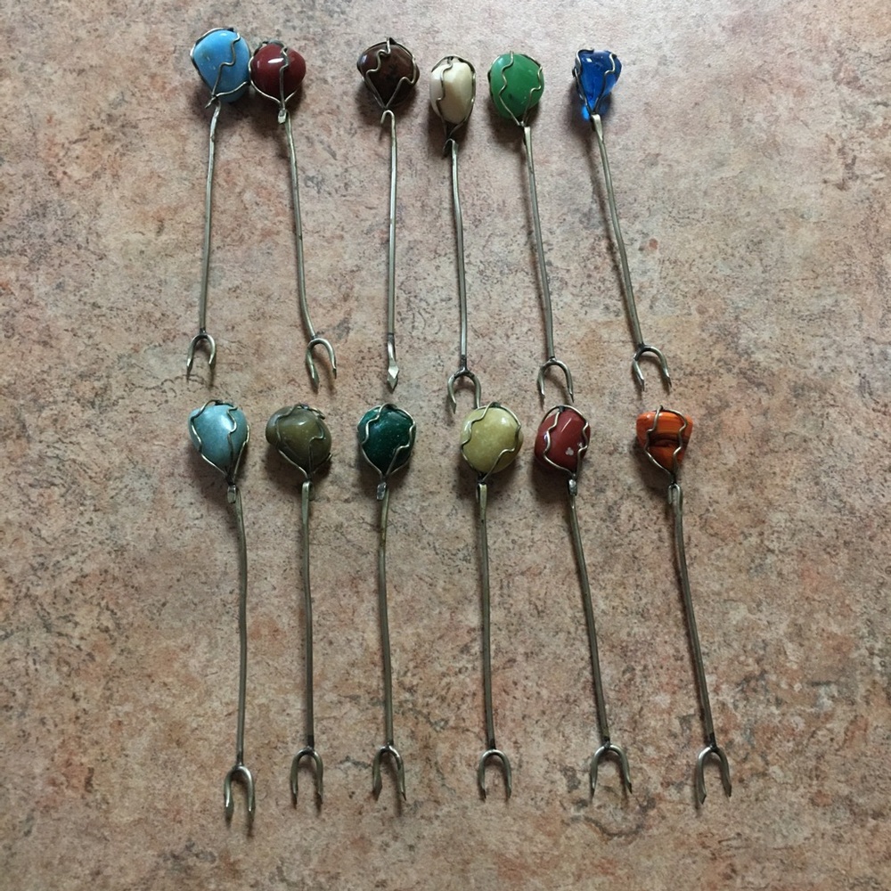 Vintage Gemstone Silver Cocktail Picks Set- appetizer picks